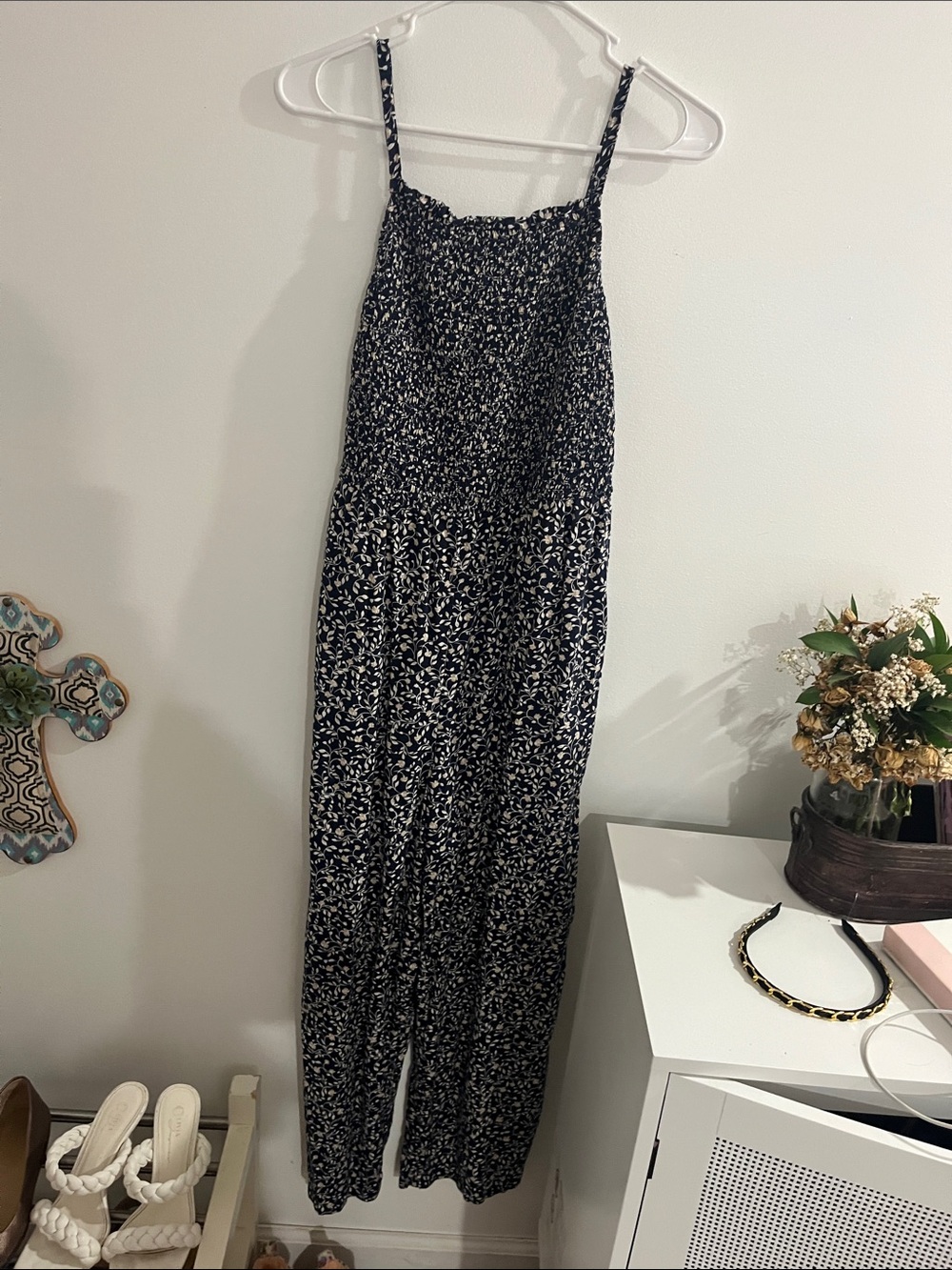 Old Navy Black and White Floral Smocked Jumpsuit